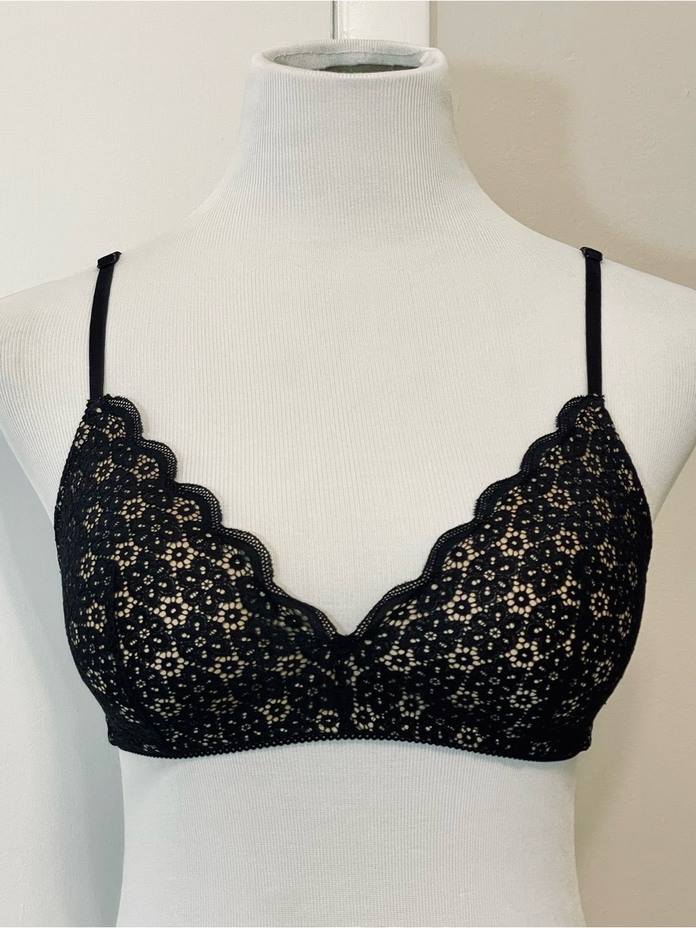 Aerie Real Happy Wireless Lightly Lined Bra Black & Tan Queens’s Lace Size 32D - Picture 2 of 11